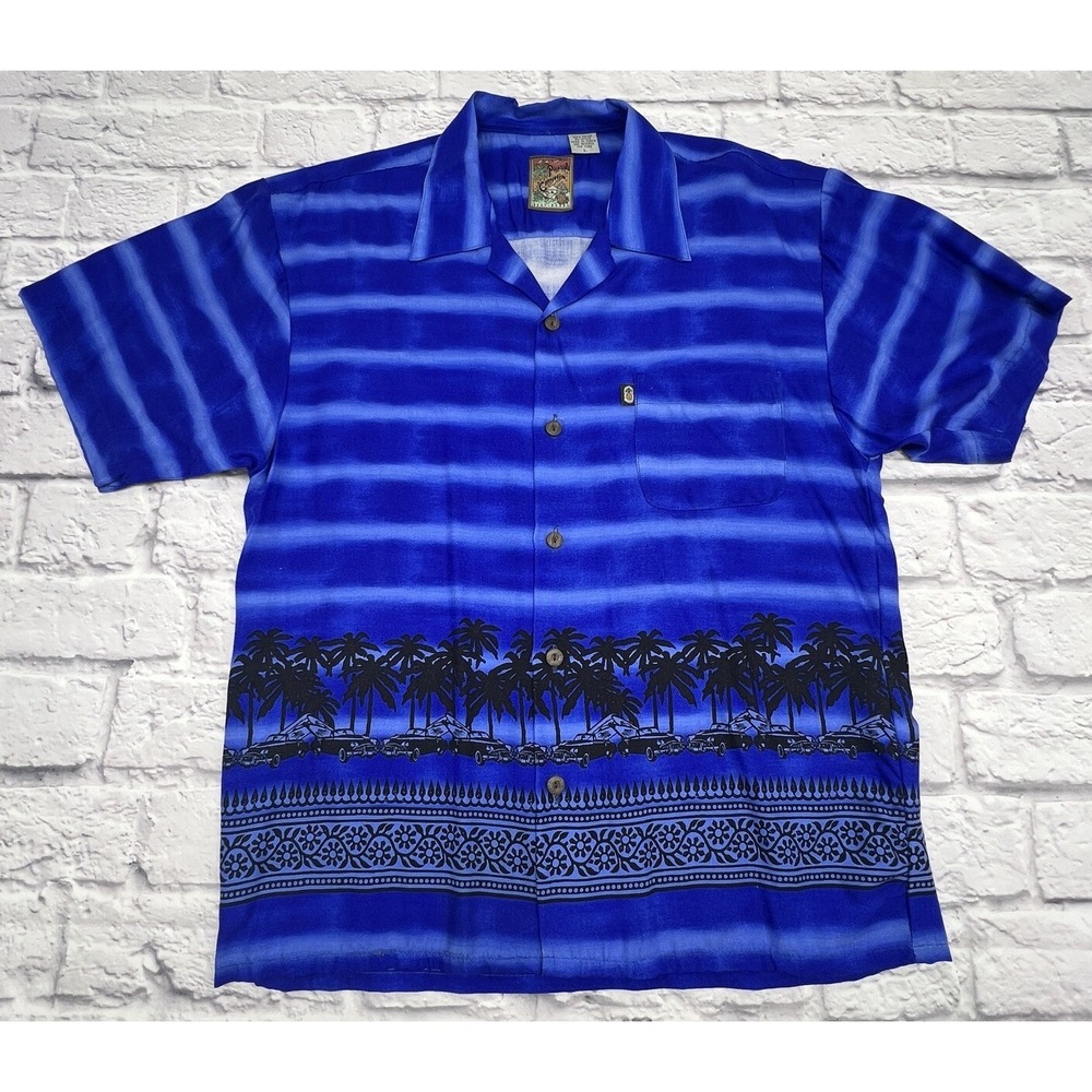 Pineapple‎ Connection Hawaiian Shirt Men's L / MEDIUM Fit Blue Cars Palm Tree